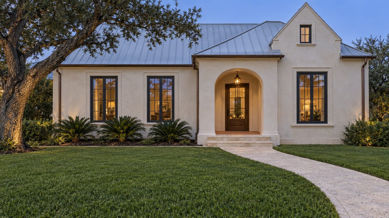 An ivory stucco home at blue hour, with a metal roof, arched entry, broad lawn and curving pale stone walk beside a mature live oak.
