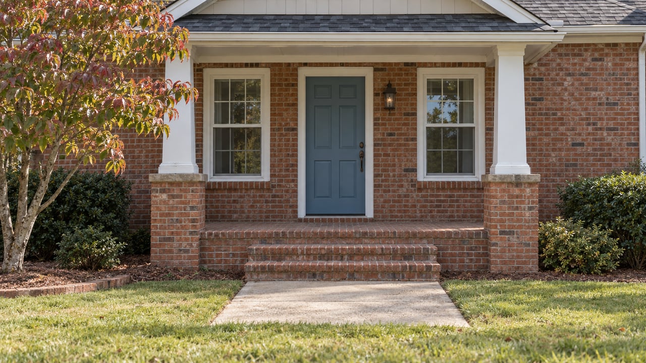 Brick home with a covered porch, blue front door, and brick steps beside an autumn-colored tree.