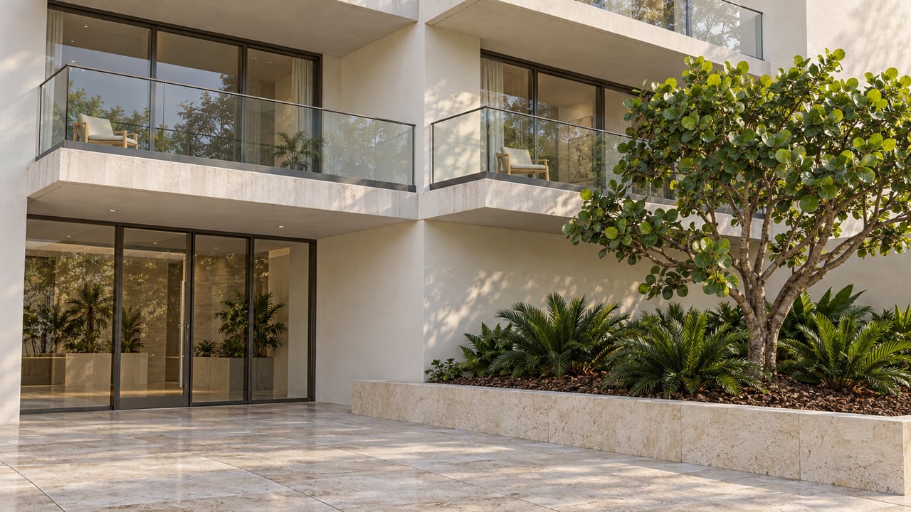 Contemporary condominium corner with cream stucco, recessed sliding glass doors, glass balconies and a limestone approach beside a raised planting bed.