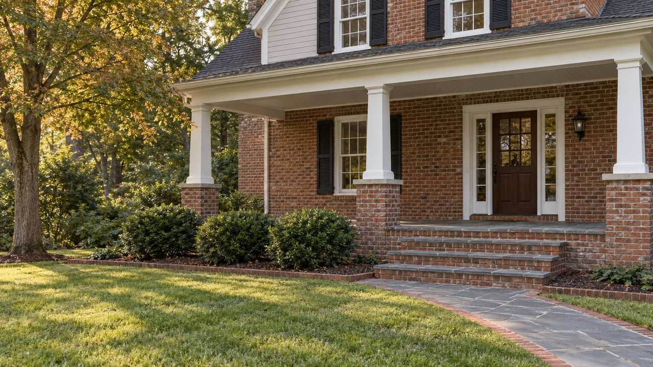 Red-brown brick home with a white columned porch, slate steps and walkway, and a broad lawn beneath an autumn maple.