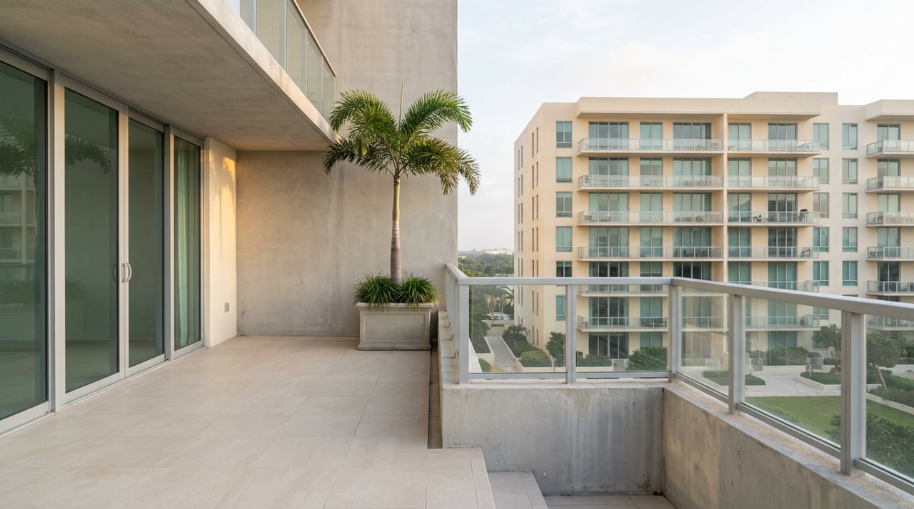 High-rise balcony with a potted palm, sliding glass doors, and a neighboring tower filling the view.