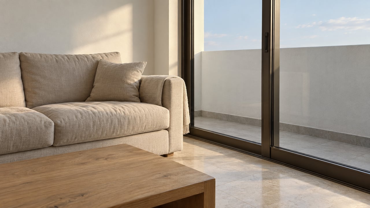 Sunlit condominium living room with an oatmeal linen sofa, oak coffee table, pale limestone flooring and closed glass doors to a white-walled balcony.