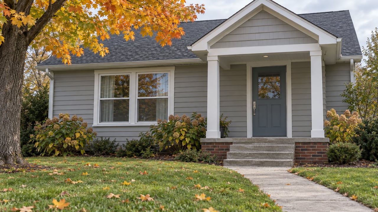 An established gray-sided home with a sheltered front entry, concrete walk, and autumn maple foliage above a deep front lawn.