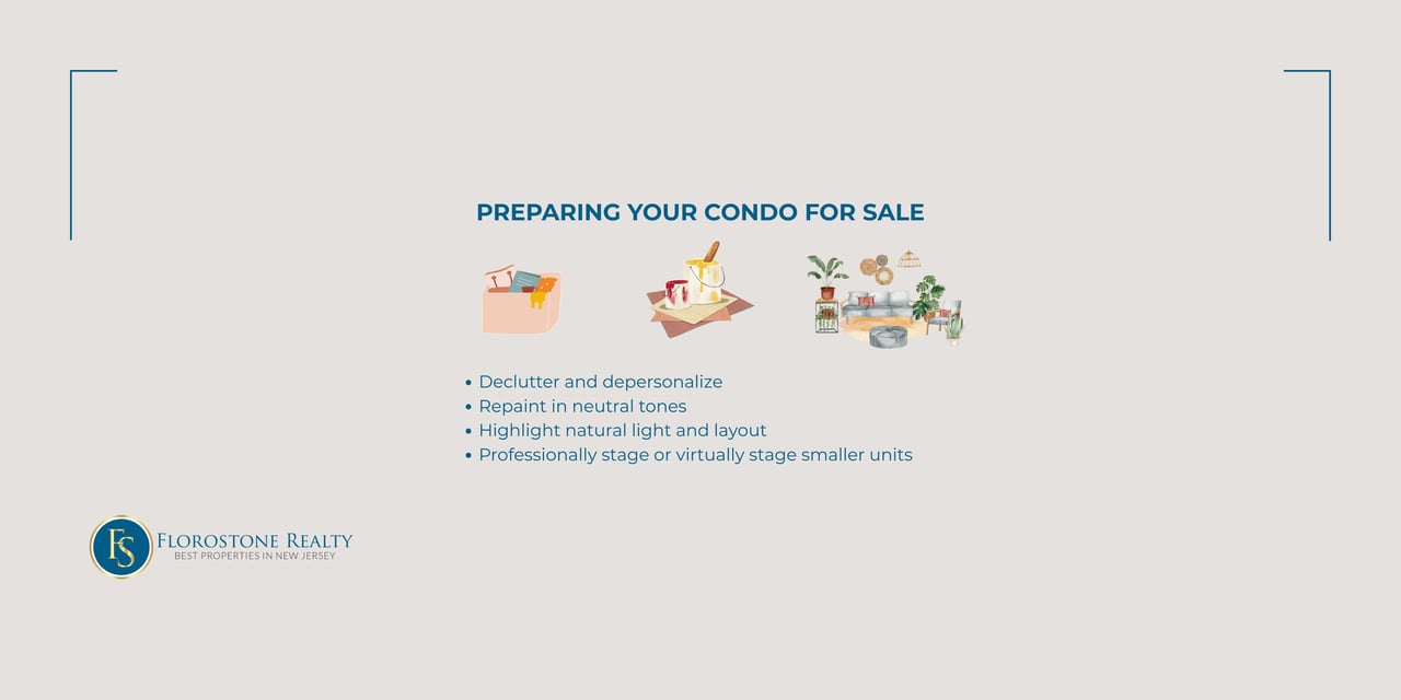 Slide from Florostone Realty with tips for preparing a condo for sale, including decluttering, repainting, and staging