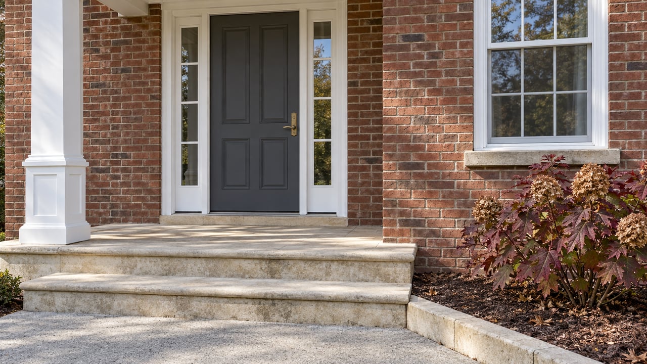 Brick home entrance with a charcoal door, white sidelights, limestone steps, and burgundy oakleaf hydrangea leaves in October light.