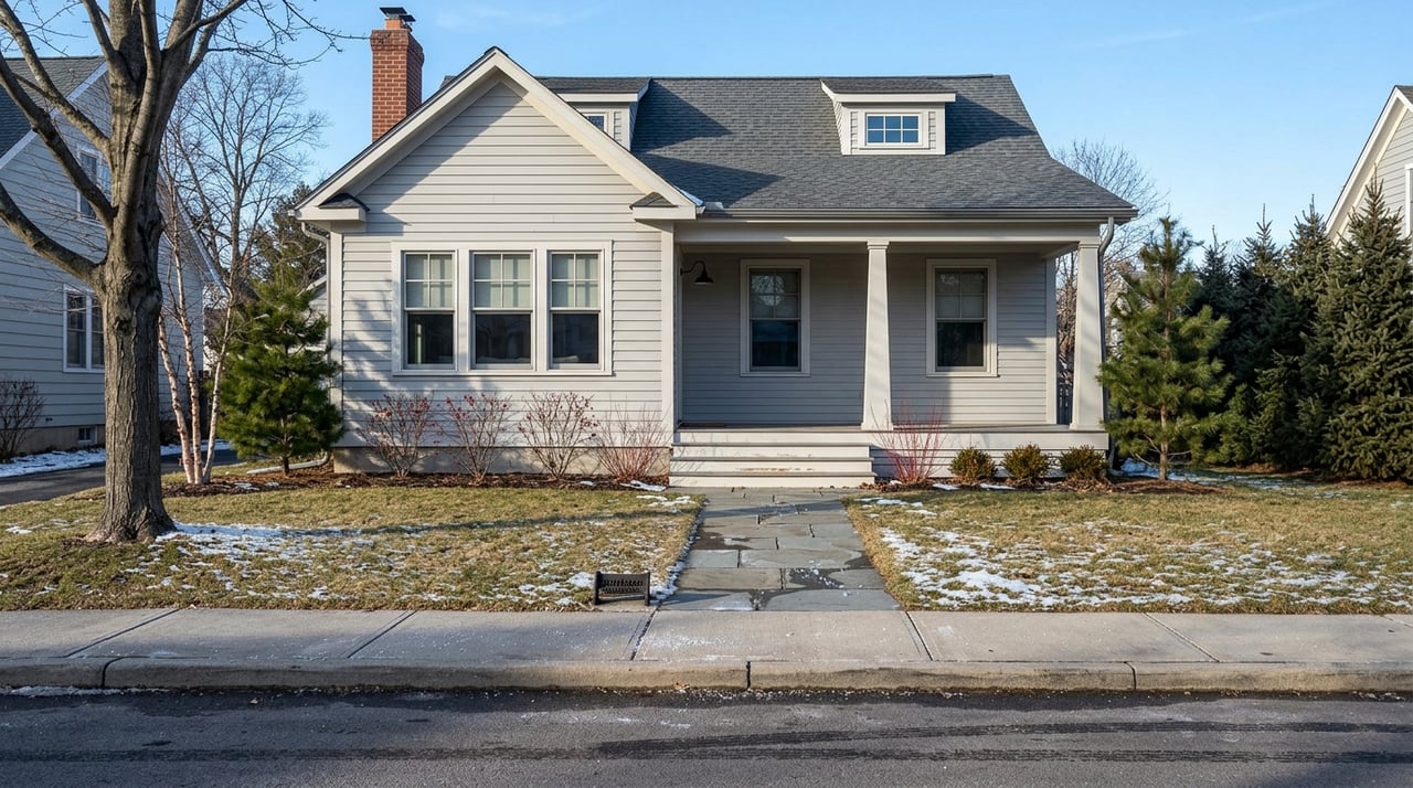 Clapboard house viewed from the front during a winter thaw.
