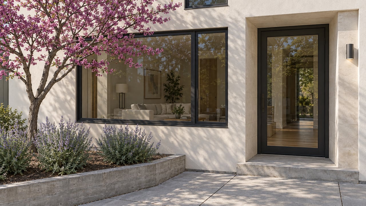 Ground-floor home with a recessed glazed entry, wide window, and a tree in a raised planting bed.