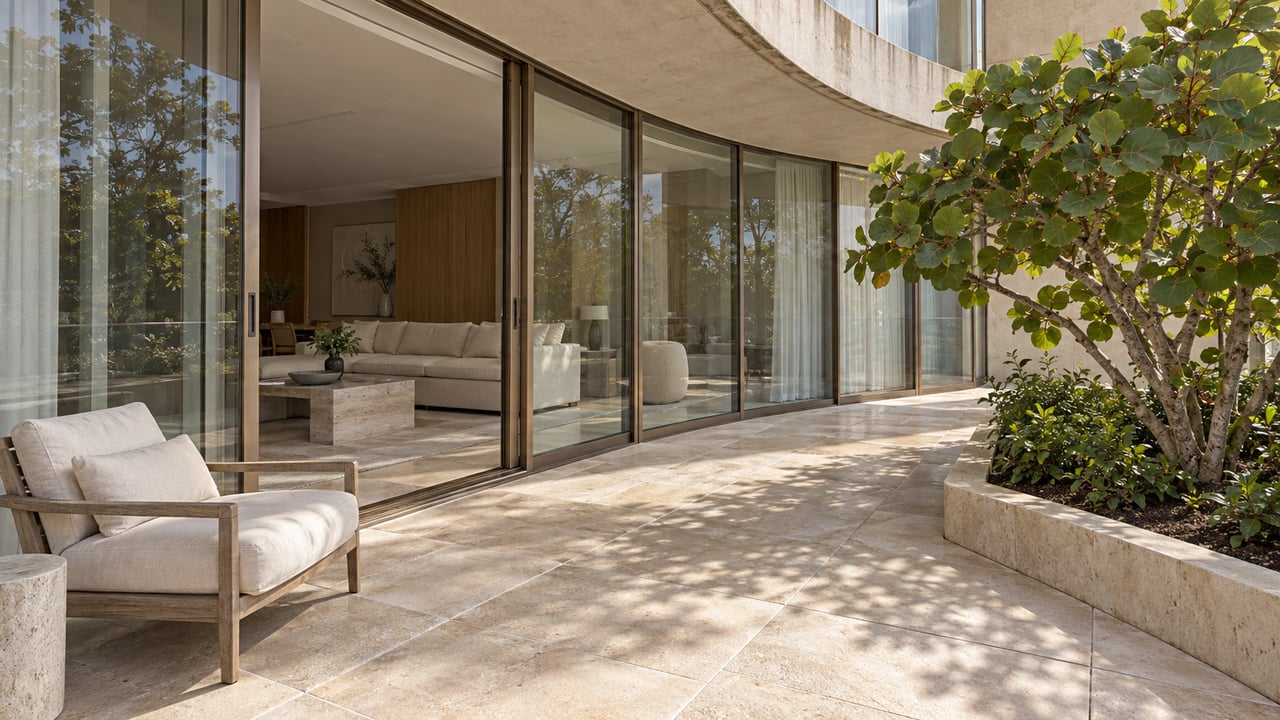 Modern home terrace with floor-to-ceiling glass doors, a cushioned chair, and a leafy tree.