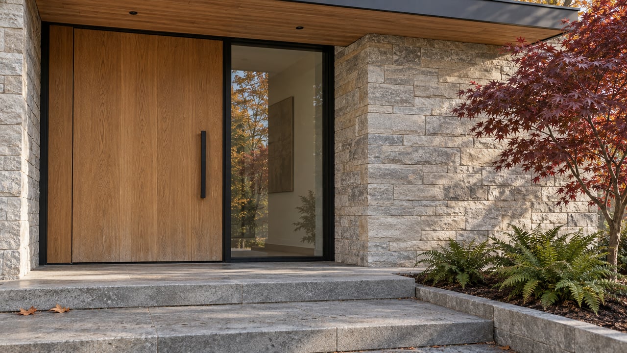 Oak entry door and black-framed sidelight beneath a wood canopy, with limestone pier, stone steps and burgundy Japanese maple leaves.