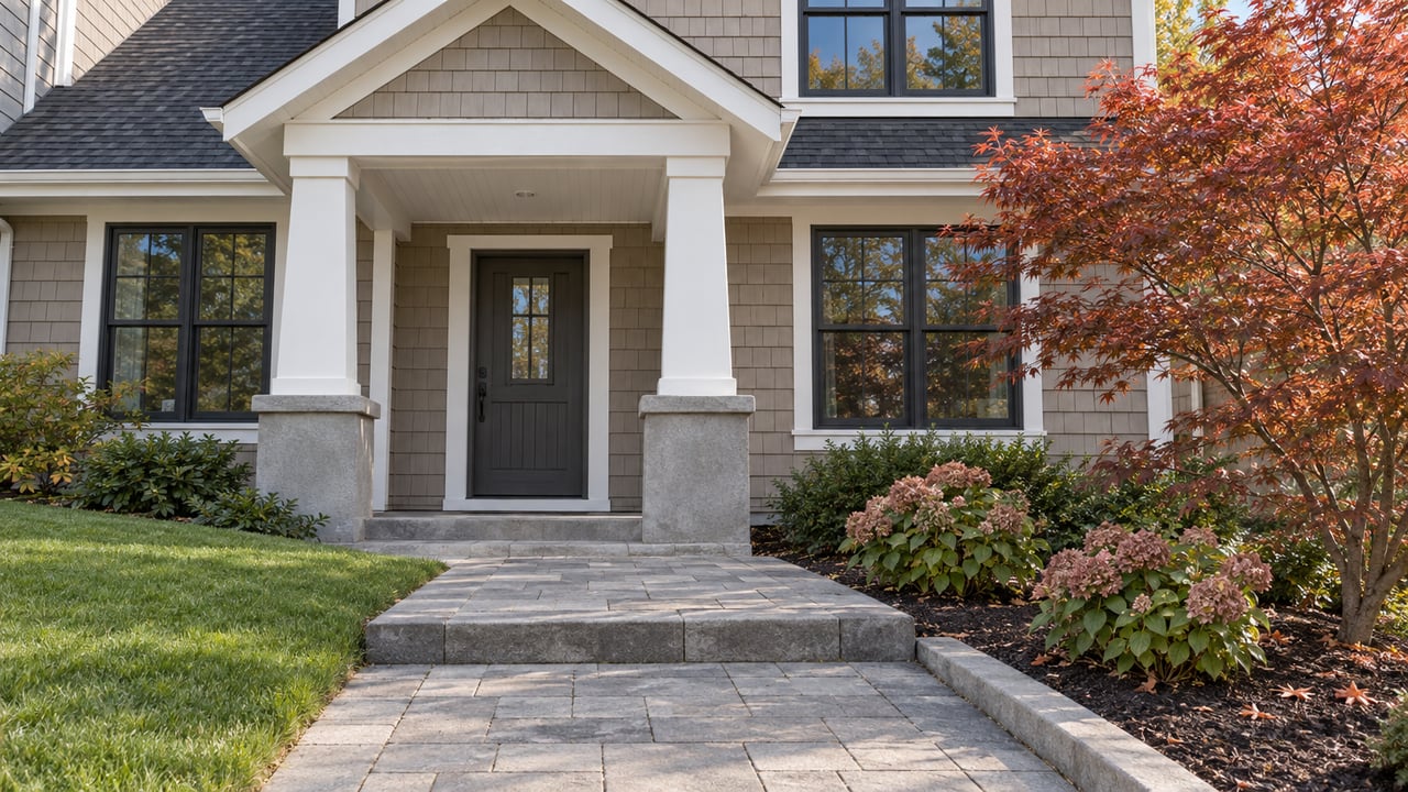 Taupe shingle-sided home with a covered charcoal entry, gray paver steps and a copper-leaved maple beside fading pink hydrangeas.