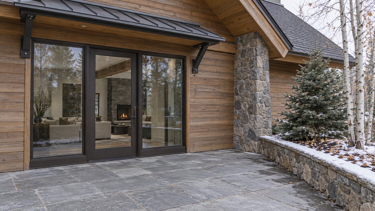 A cedar-and-stone home with closed bronze-framed glass doors, a cleared stone terrace and light snow around spruce and bare aspens.