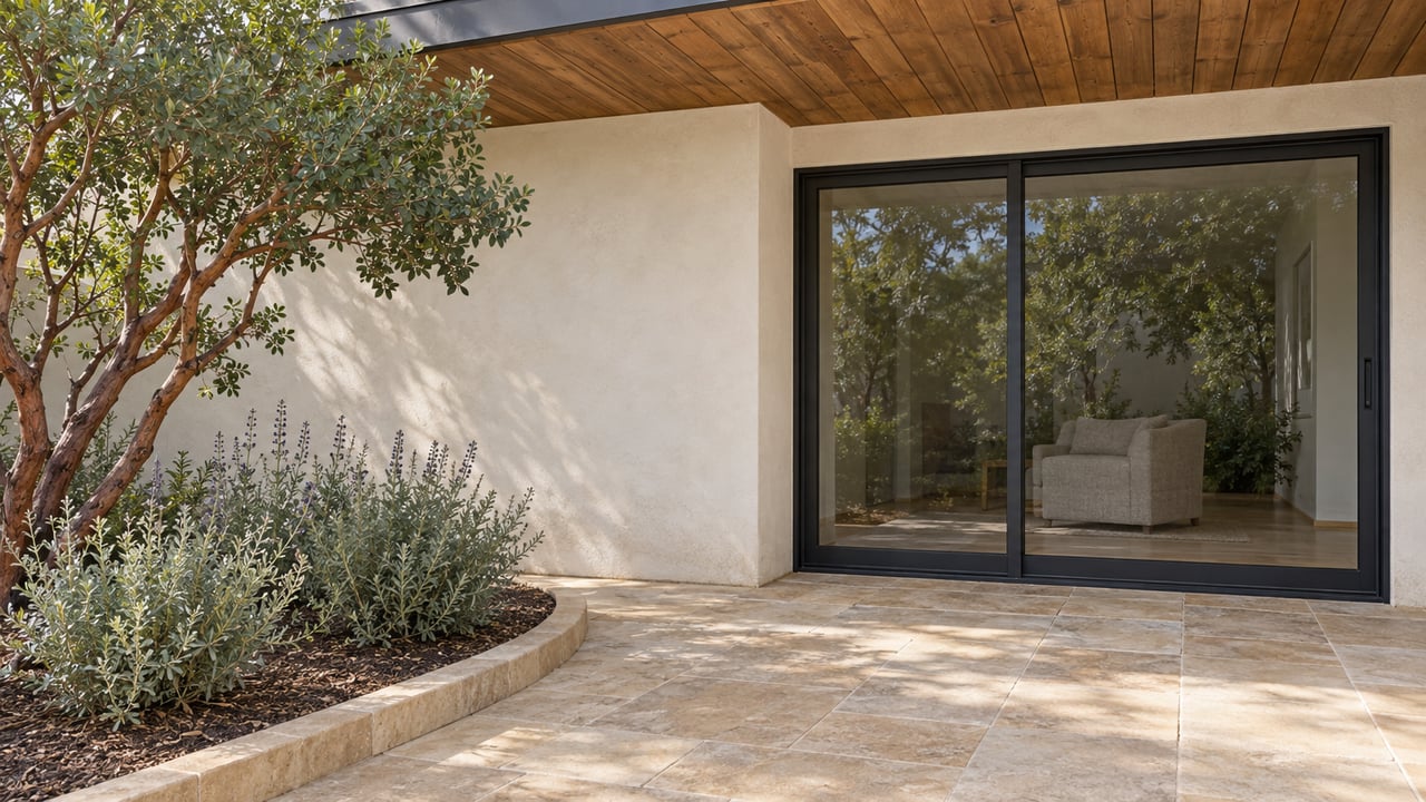A cedar overhang shelters a plaster-walled terrace with dark-framed glass doors, sandstone paving and a manzanita planting bed.