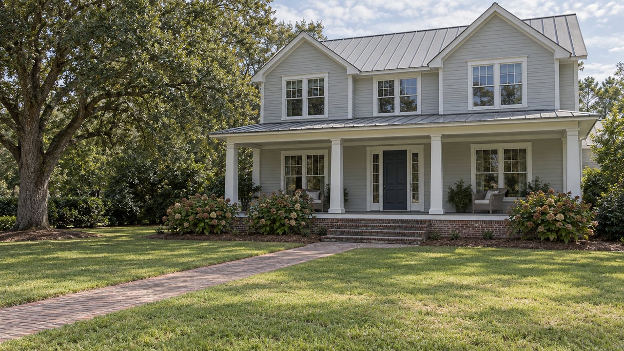 Pale-gray home with a broad raised porch, silver metal roof, deep lawn, brick walk, and spreading live oak.