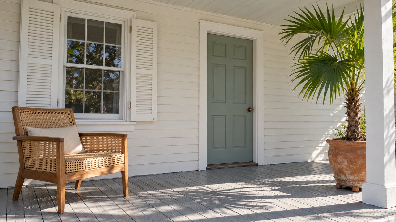 Sunlit painted cottage porch with a green door, shuttered window, cane chair and a potted thatch palm.