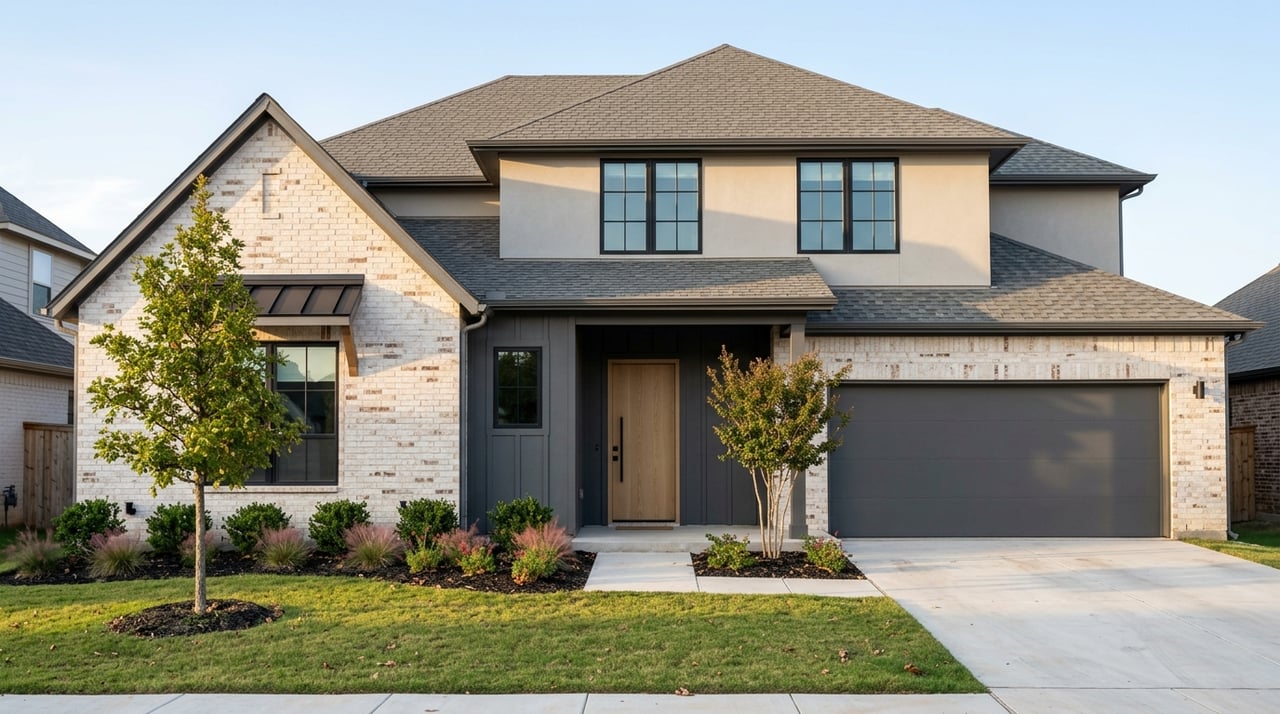 Modern new-build home exterior with a design-forward entrance in warm late-day sunlight.