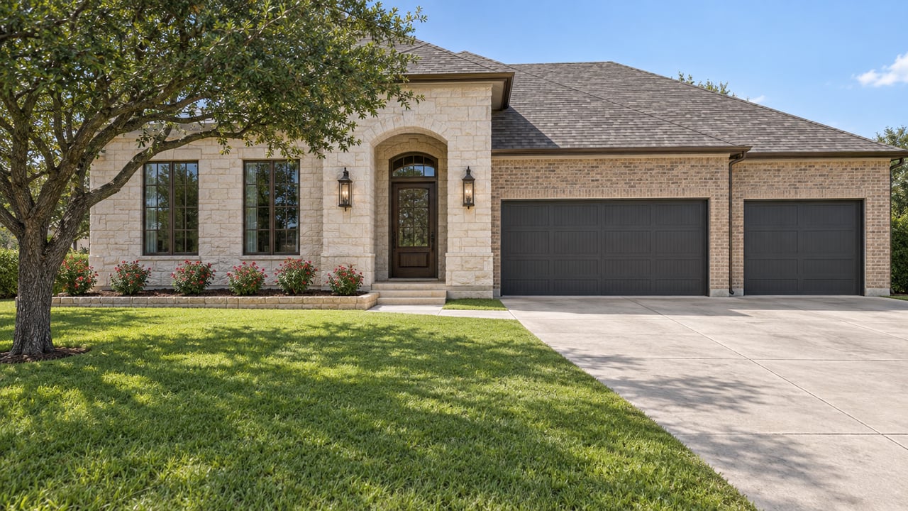 Limestone and tan-brick home with an arched oak entrance, broad concrete driveway and open lawn beneath a sculptural live oak.