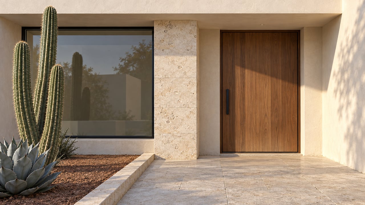 Morning light on a stucco and limestone home entry with a walnut door, black-framed window, upright cactus and blue-gray agave.