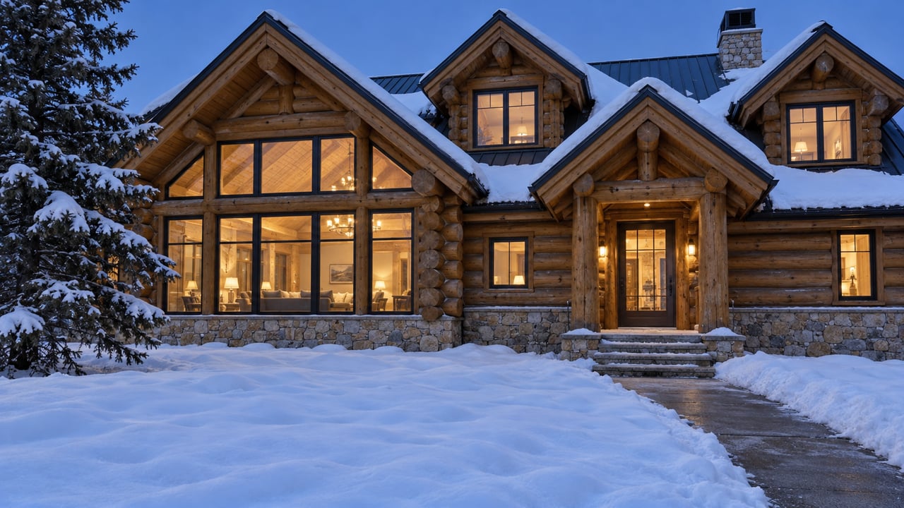 Timber home with steep snow-covered gables, warm windows, and a shoveled stone entry beyond a broad snowy lawn.