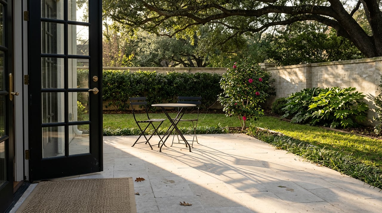 Limestone terrace with black French doors, wrought-iron bistro set, lawn, and leafy garden wall.