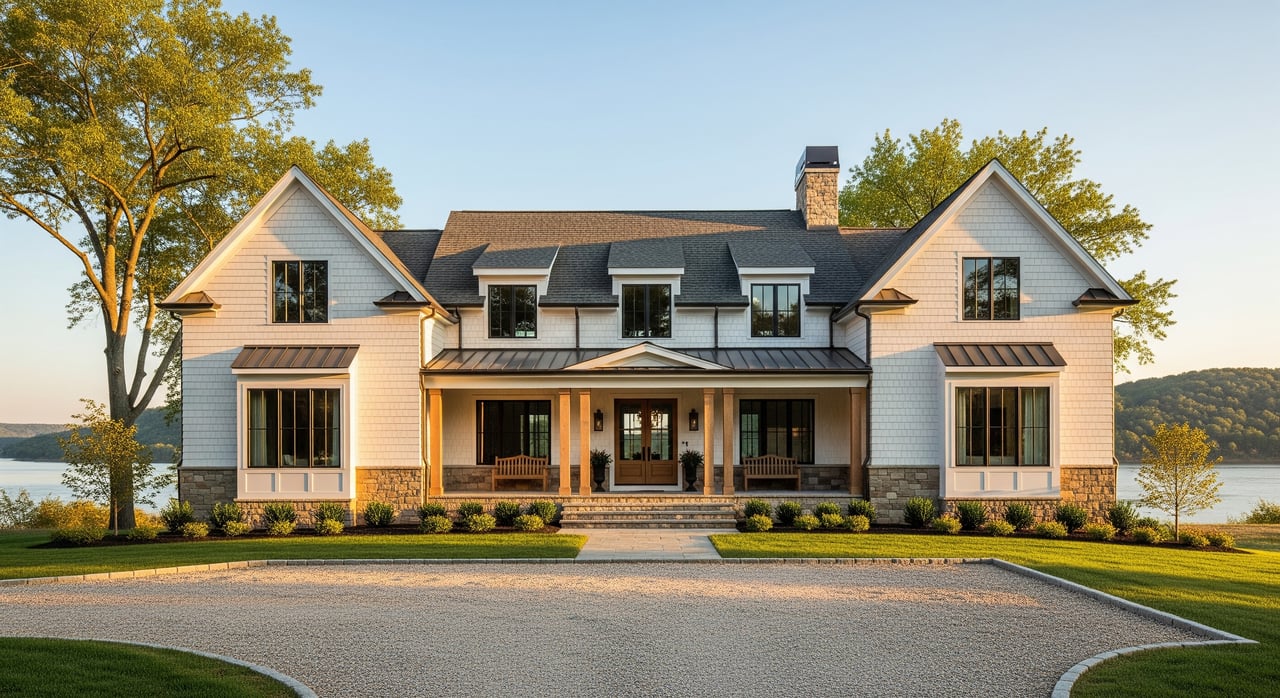 Large white two-story house with gabled wings, a covered porch, and a circular driveway beside a lake.