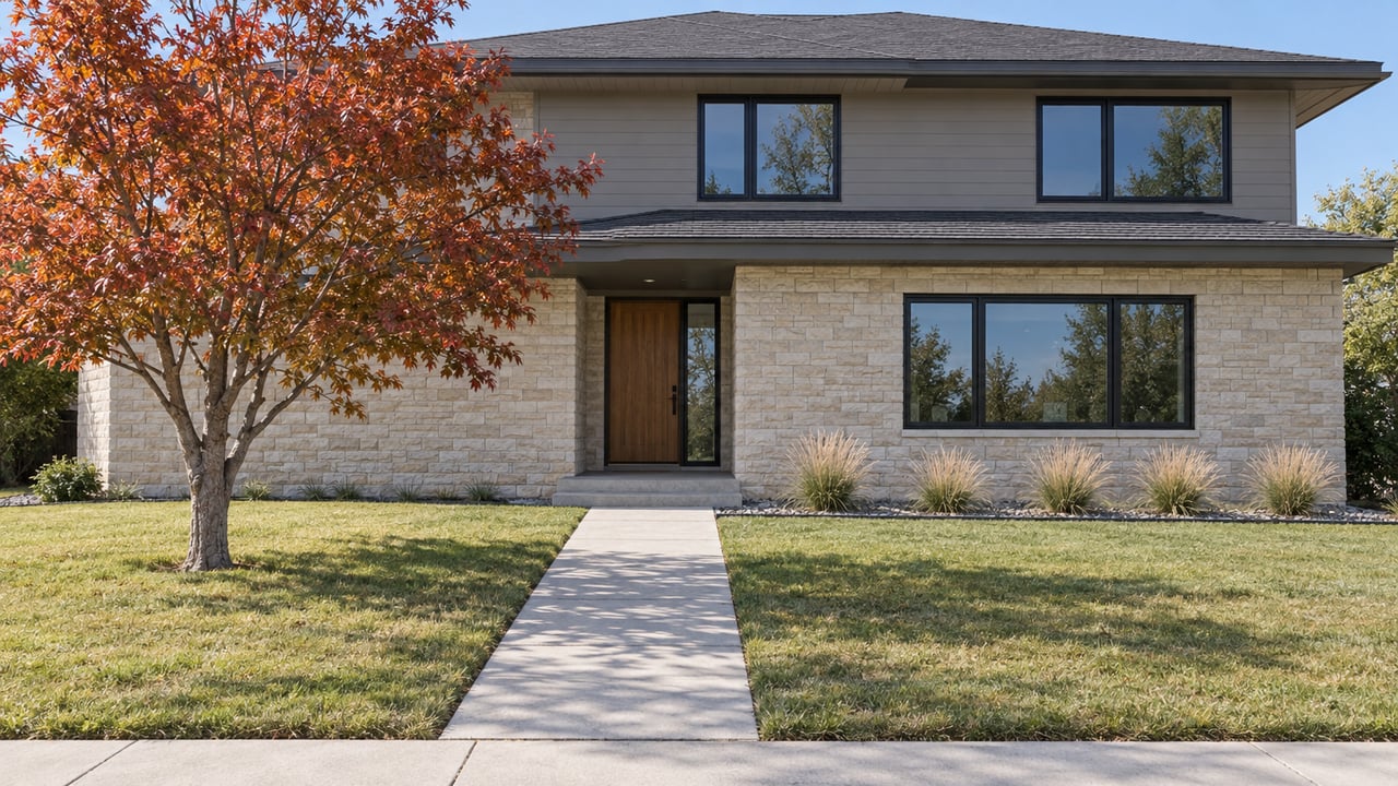 Contemporary two-story home behind a deep autumn lawn, with a copper-red maple, ornamental grasses and a concrete entry walk.
