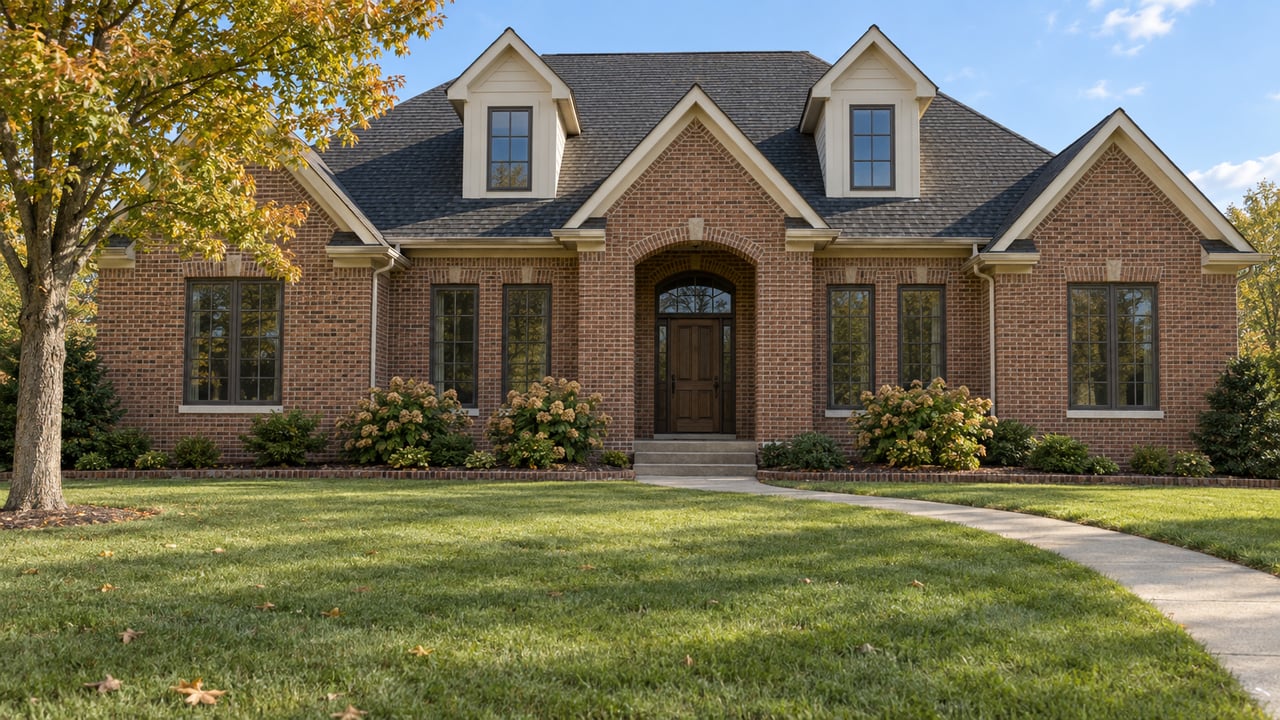 Red-brick house with two dormers and an arched entrance, framed by an autumn tree and curved front walkway.