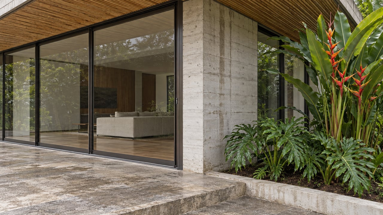 Villa corner with bamboo soffit, bronze-framed glass walls, concrete pier, and Heliconia beside a stone terrace.
