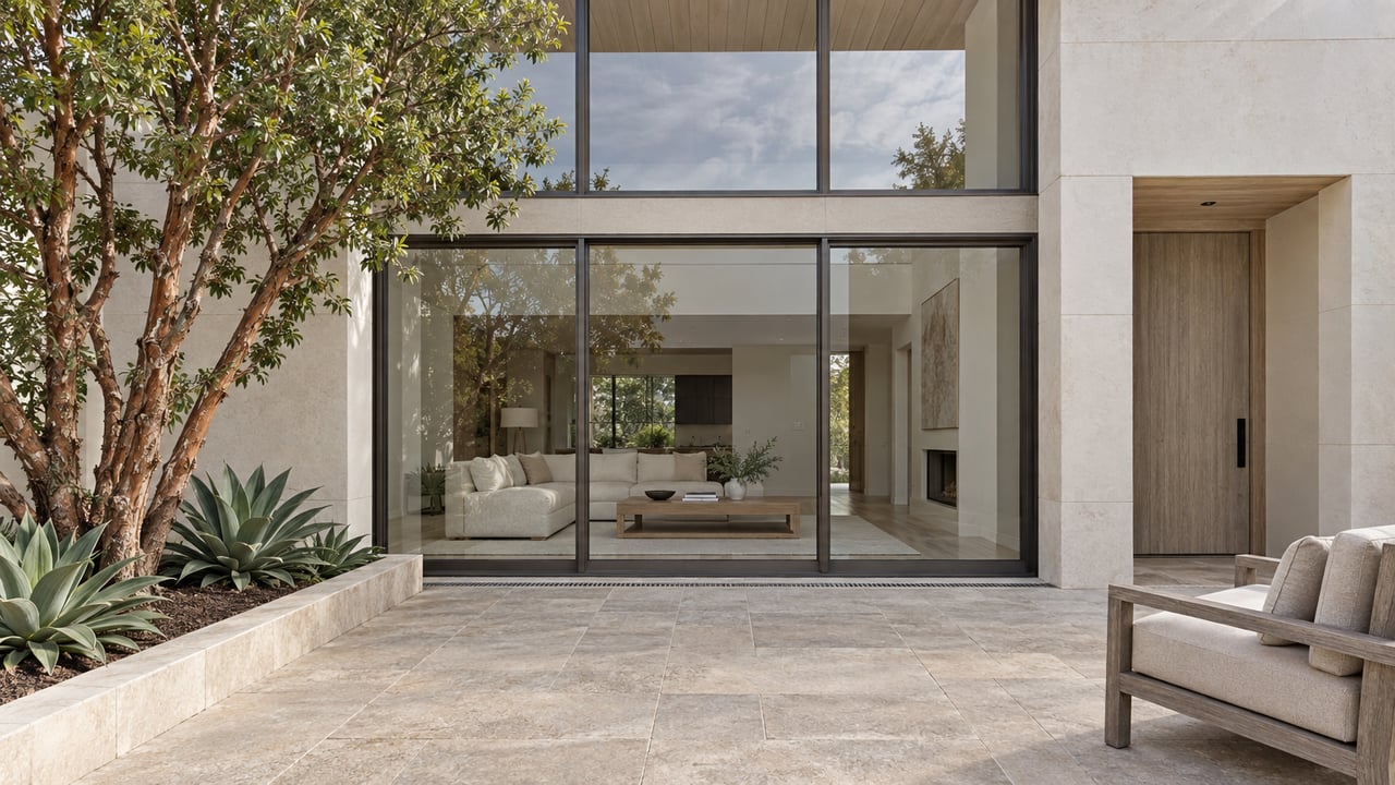 Limestone terrace beside a double-height glazed home, with a teak lounge chair and a sculptural strawberry tree in a raised bed.