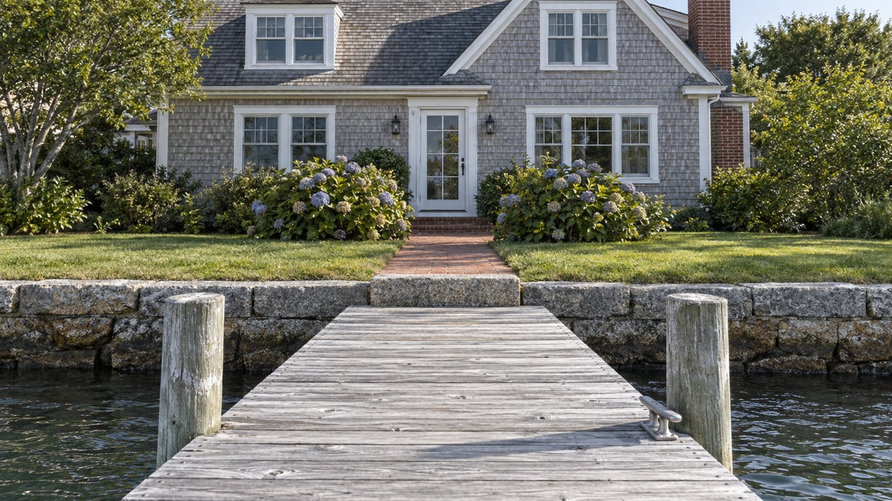 Timber dock meets a granite seawall, with a brick terrace, lawn, and cedar-shingled house beyond.