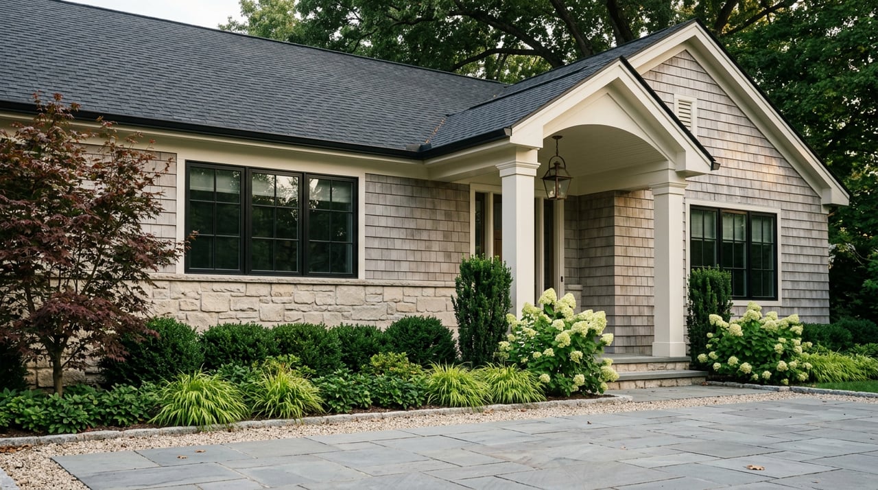 Shingle-sided home with a stone base, covered entry, and layered shrubs beneath an overhanging oak canopy.