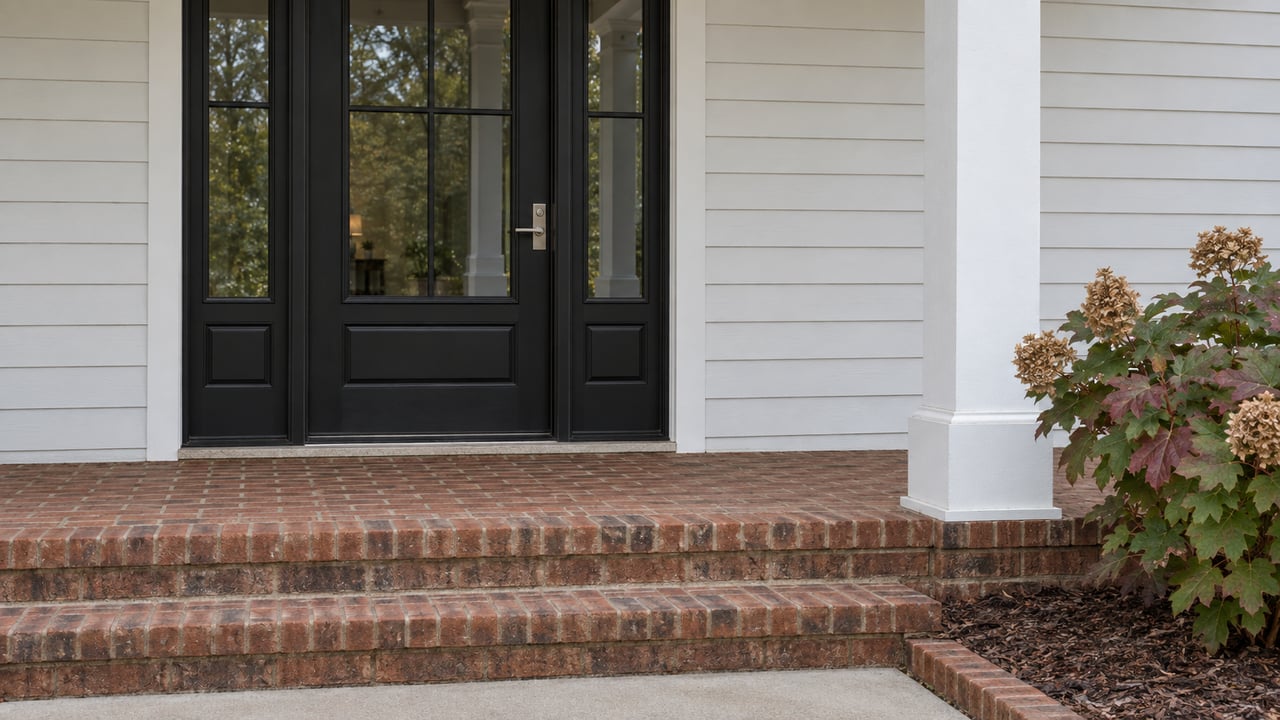 Covered home entry with white siding, a black glass door and paired sidelights, weathered brick steps, and an oakleaf hydrangea.