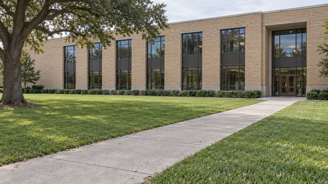 Buff brick recreation hall beyond a broad lawn, with a diagonal concrete path and an oak canopy at left.
