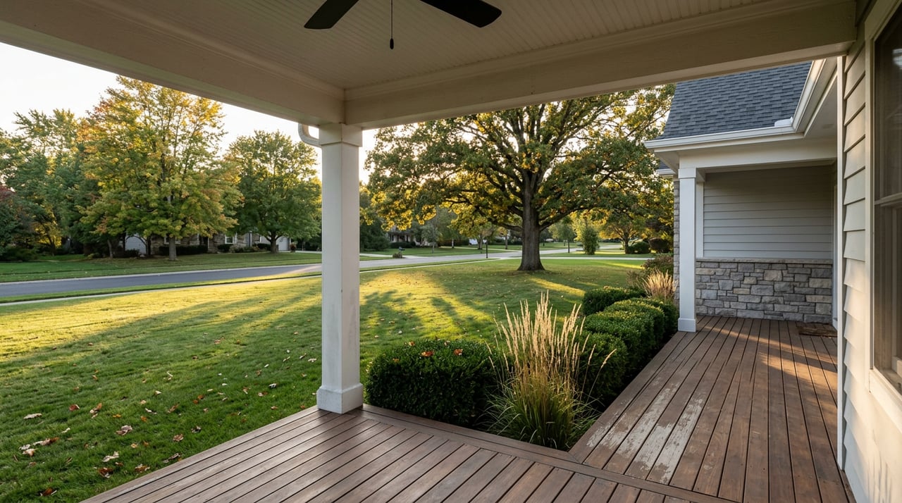 Covered porch overlooking a deep lawn, mature oak, clipped boxwood hedge, and quiet street.