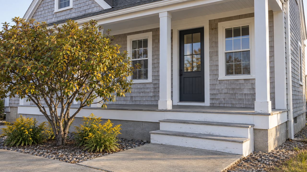 Compact gray clapboard coastal house with a raised white porch, three steps, and an autumn-yellowing shrub.