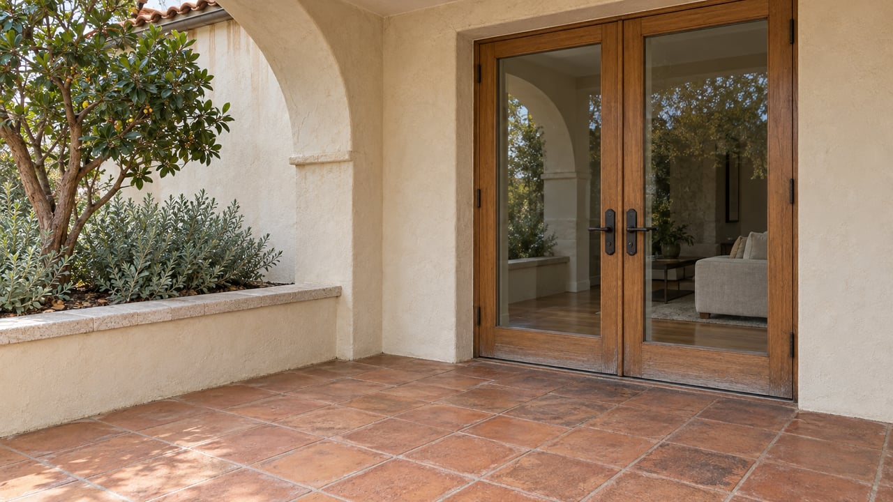 Cream stucco terrace with an arched arcade, paired oak-framed glass doors, terracotta paving, and a sculptural strawberry tree in a raised planter.