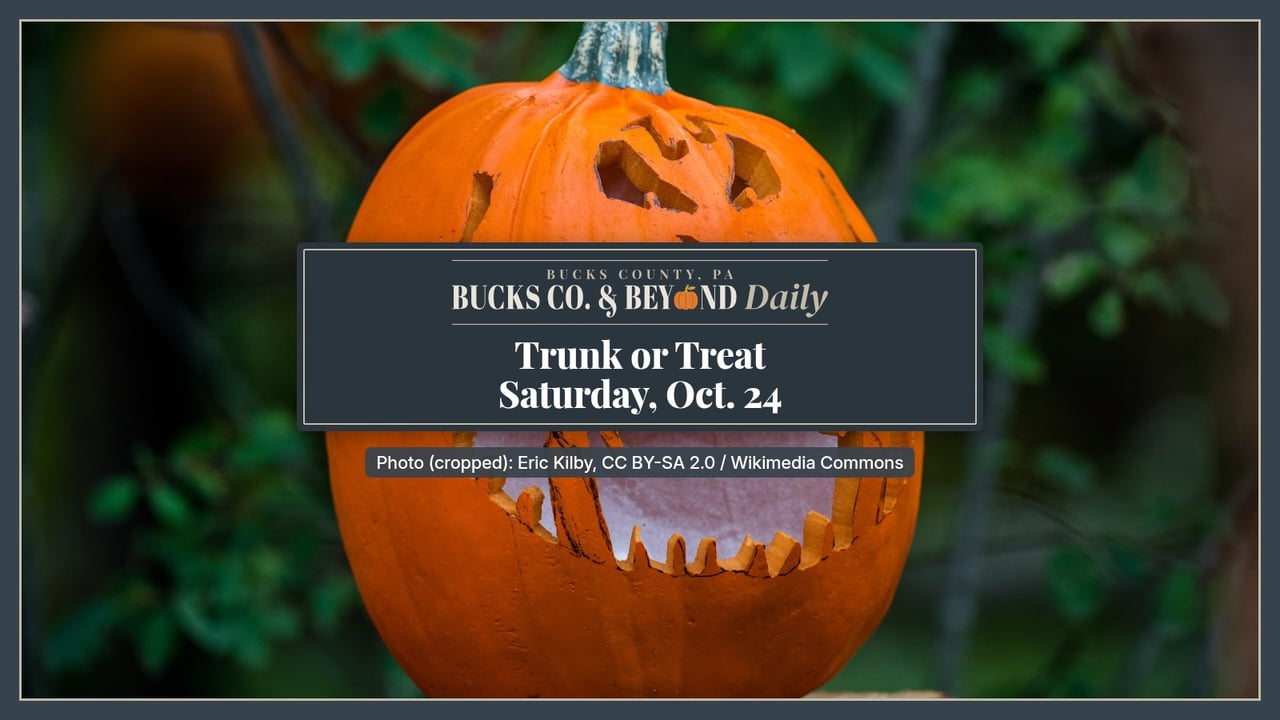 A bright orange carved jack-o'-lantern with a wide, toothy grin sits on a tree stump in front of green leaves.