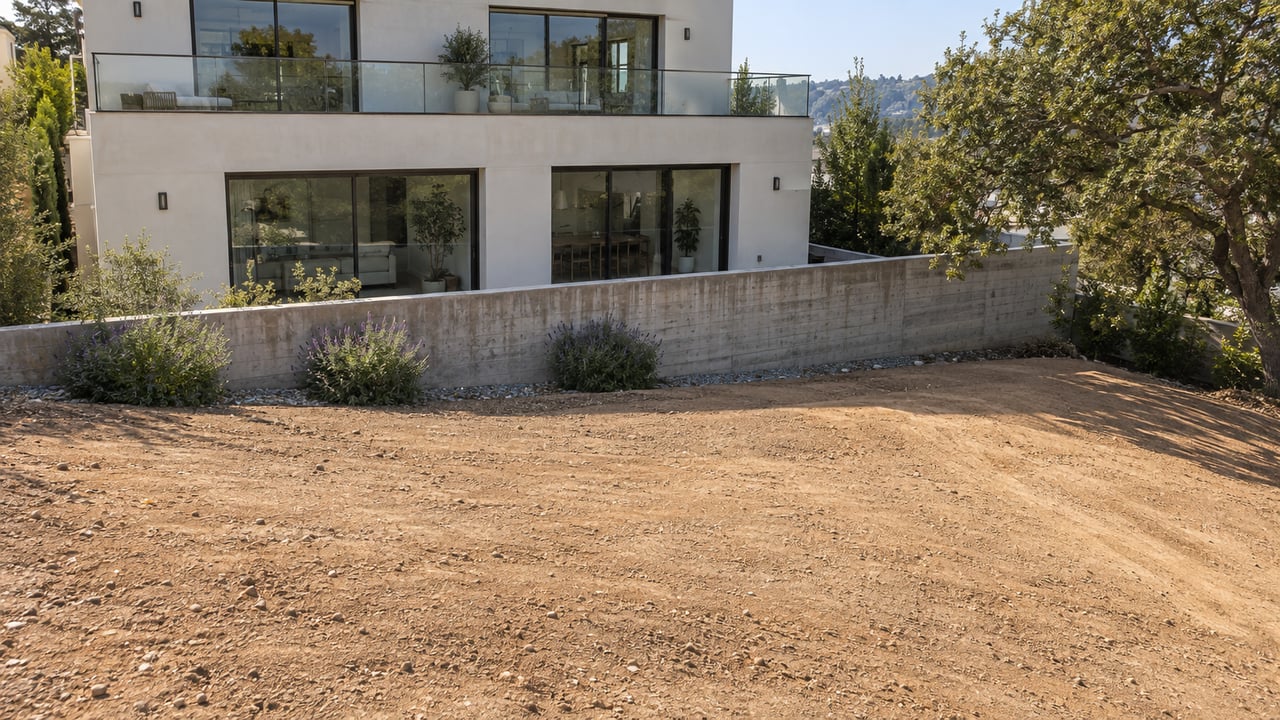 Compacted earth lot with a shallow tire track, concrete retaining wall, and neighboring two-story stucco house.