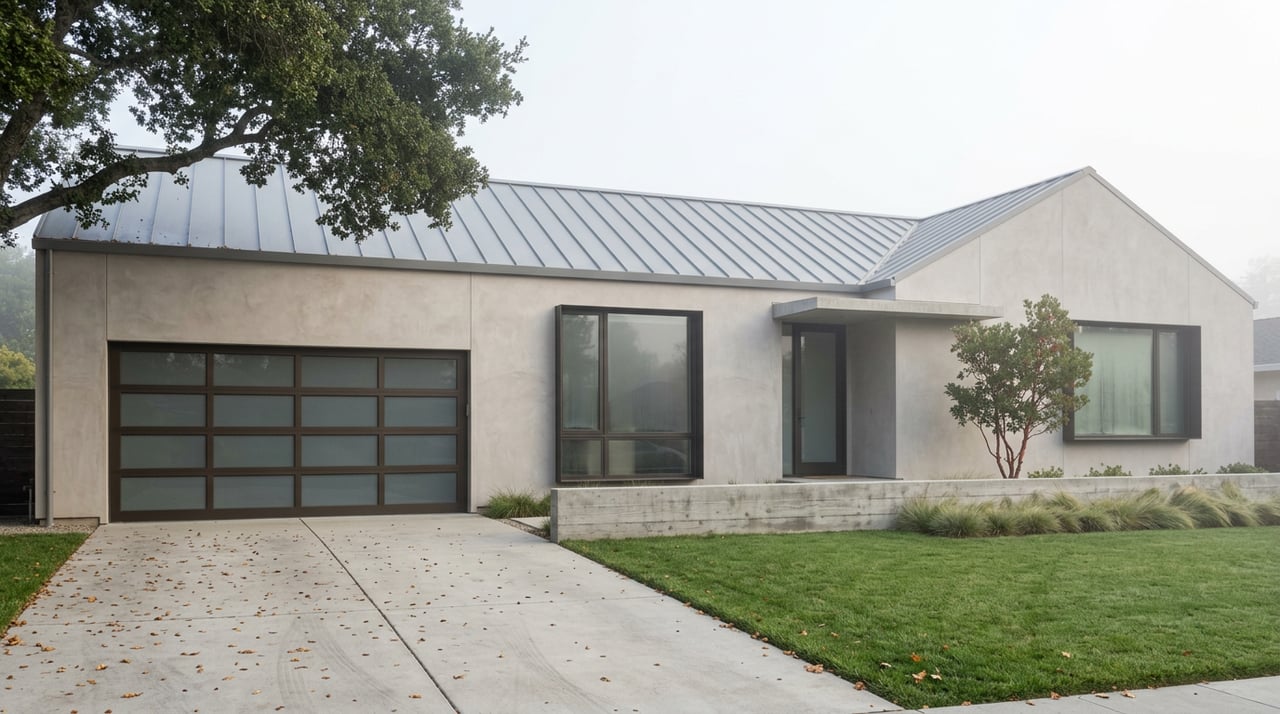 Contemporary stucco home with dark-framed windows, metal roof, and oak canopy beyond a fog-softened lawn.