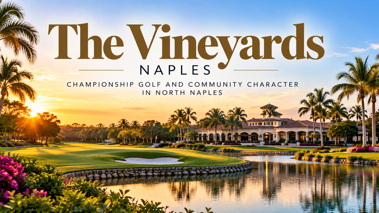 The Vineyards in North Naples, Florida, featuring championship golf, manicured fairways, lake views, palm trees, and a private clubhouse in one of Southwest Florida’s most established golf communities.
