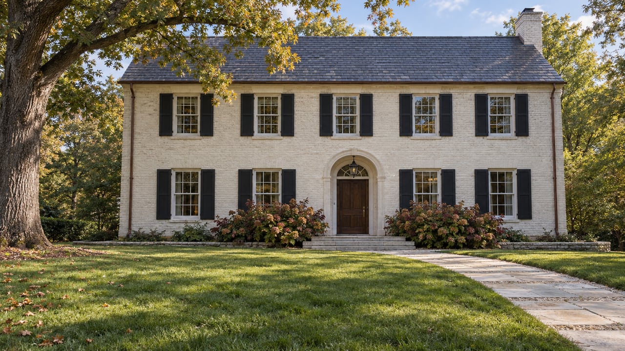 Ivory painted-brick home with black shutters, a limestone entry walk, and a broad lawn beneath a mature oak beginning to turn for autumn.