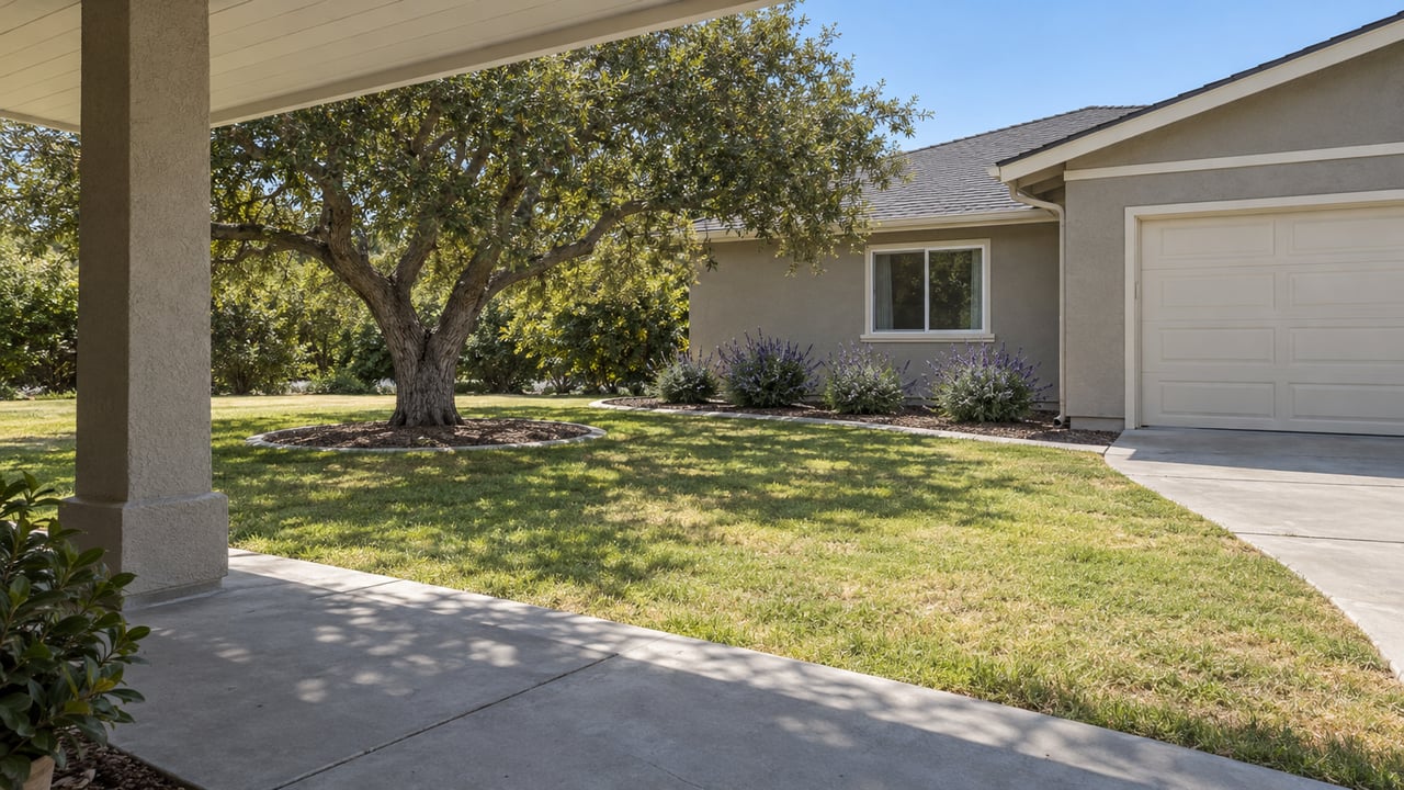 View from a shaded concrete porch across a sunny lawn and mature oak toward a gray stucco home with a cream garage door.