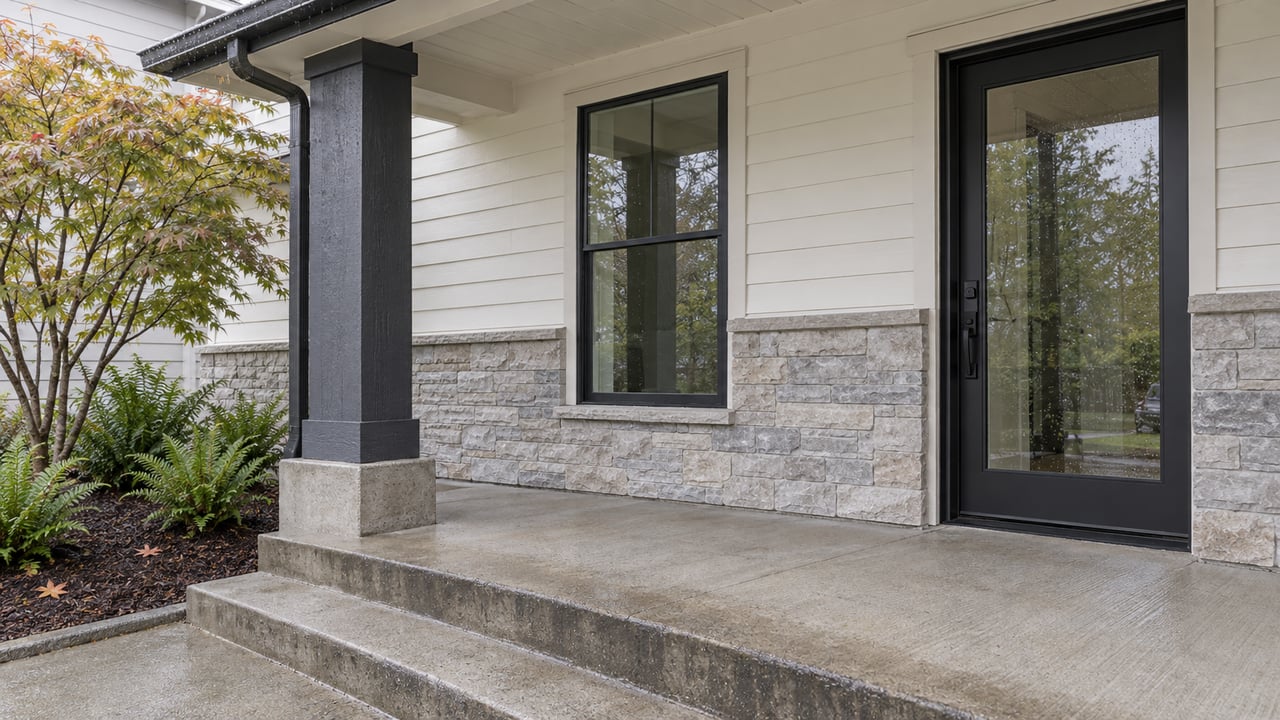 Covered home entry with pale stone, white siding, black-framed glazing and rain-darkened concrete steps beside a vine maple and sword ferns.