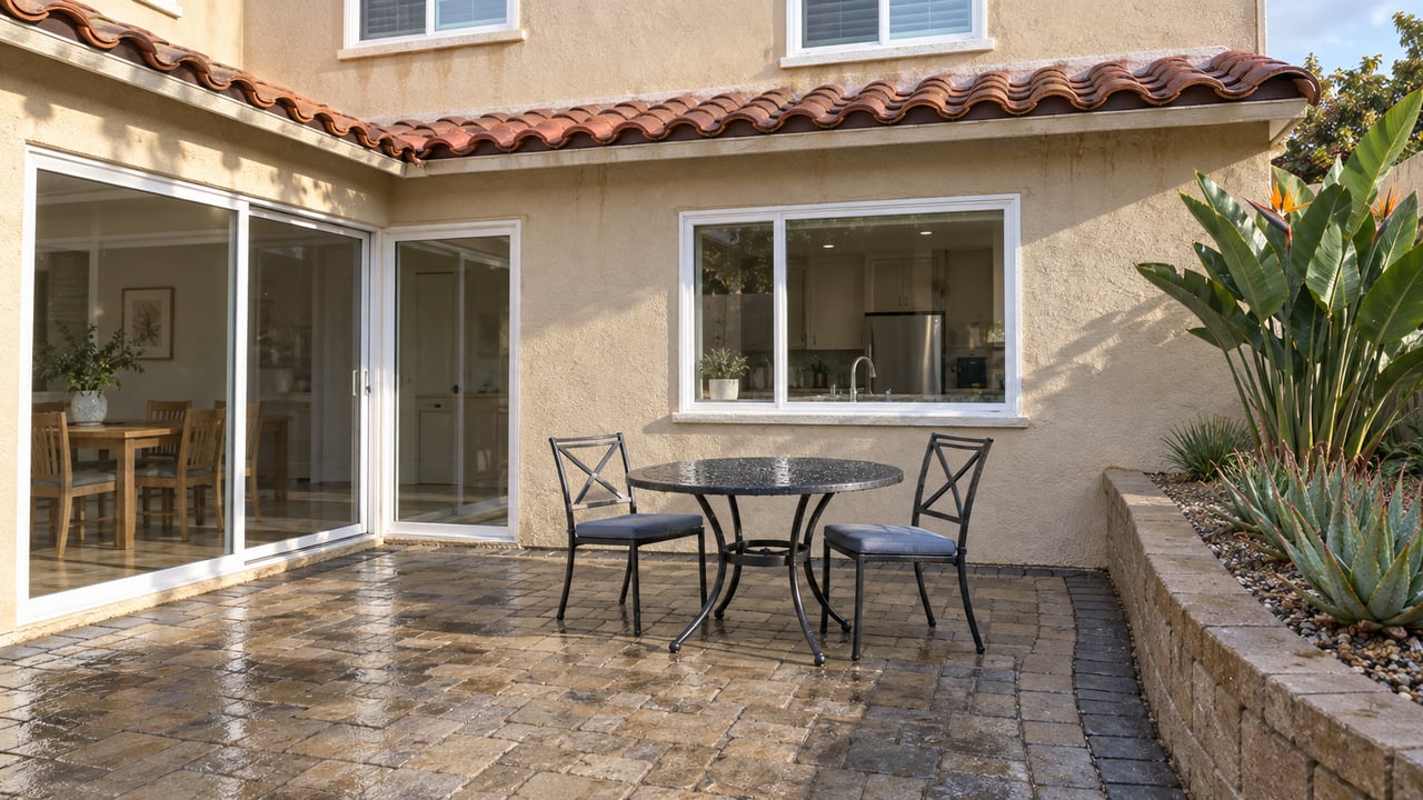 Rain-darkened paver patio with two blue-cushioned chairs beside a warm stucco home, with aloe and bird-of-paradise in a raised masonry bed.