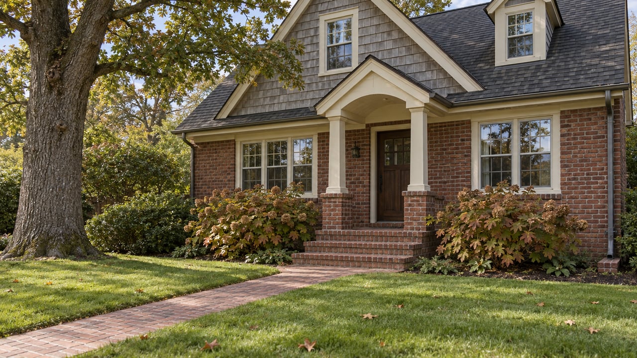 Brick and gray-shingle cottage with a covered entry, divided-light windows and a leafy front lawn beneath a mature oak.