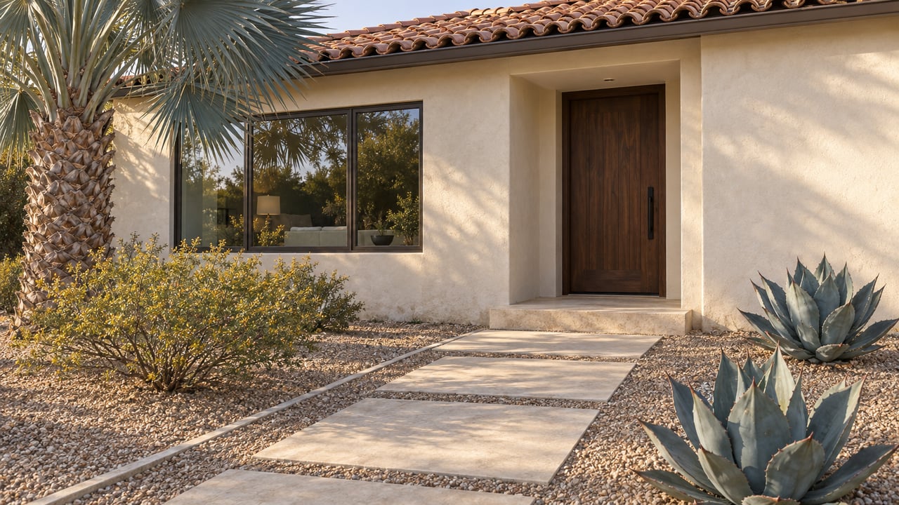 Cream stucco home with a recessed walnut door, terracotta tile roof, limestone path, and desert plants.