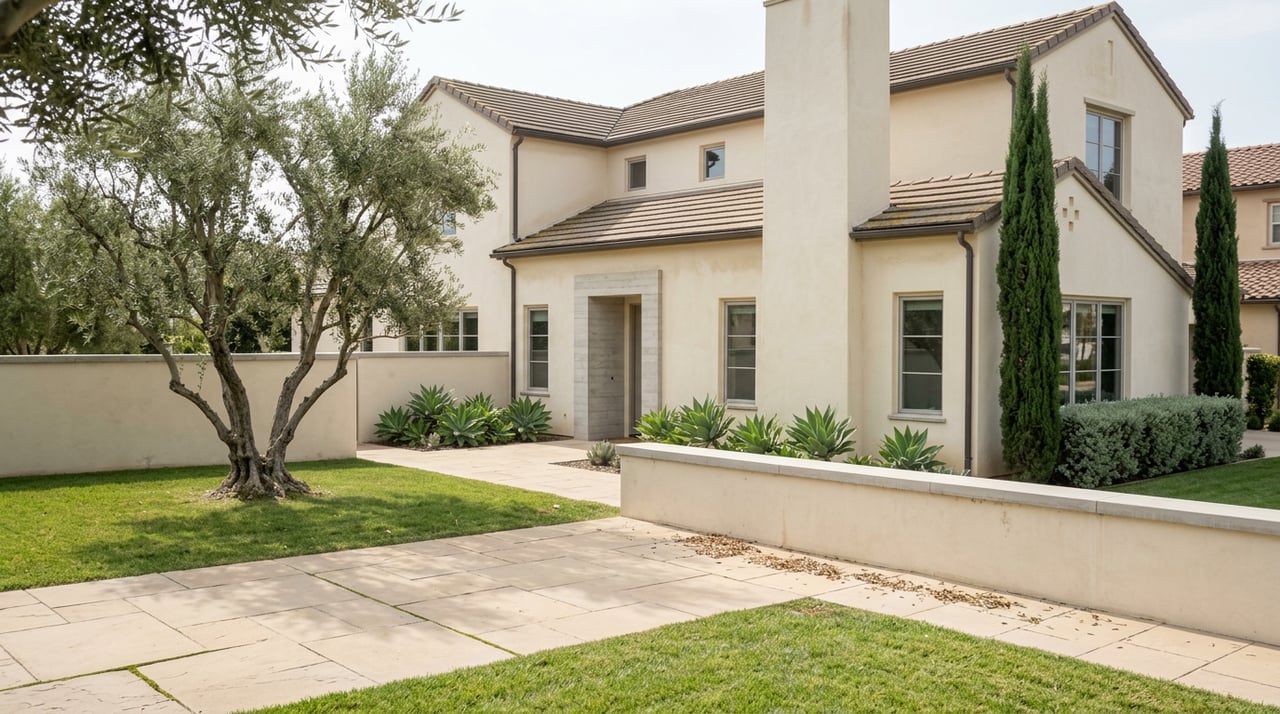 Two-story ivory stucco home with paver walkway, olive tree, and tall cypress beside lawn.