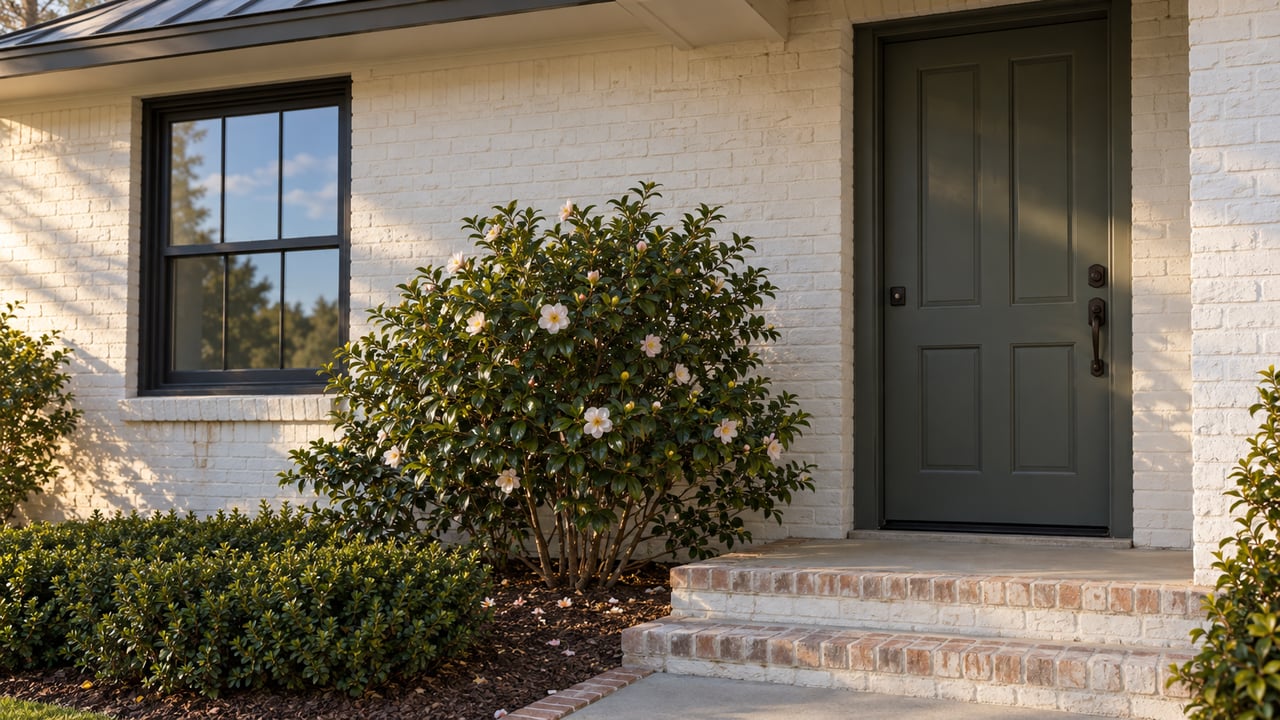 White-painted brick ranch entry with a black-framed window, recessed door, brick steps, and flowering camellia.