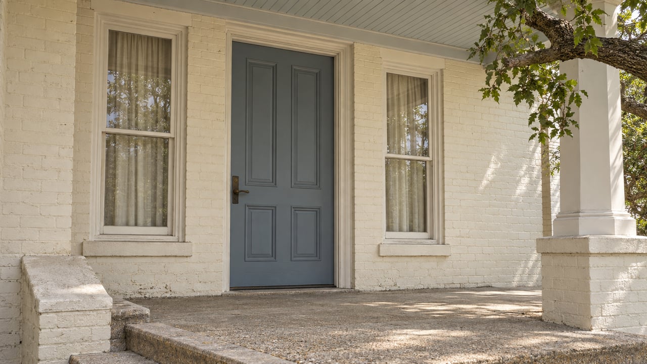 White brick building entrance with a blue paneled door, flanking windows, and broad stone steps.
