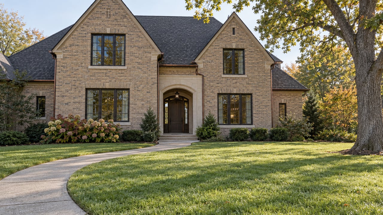Traditional buff-brick home with steep dark gables, a recessed limestone entry, a curved front walk and a deep lawn beneath a mature white oak.