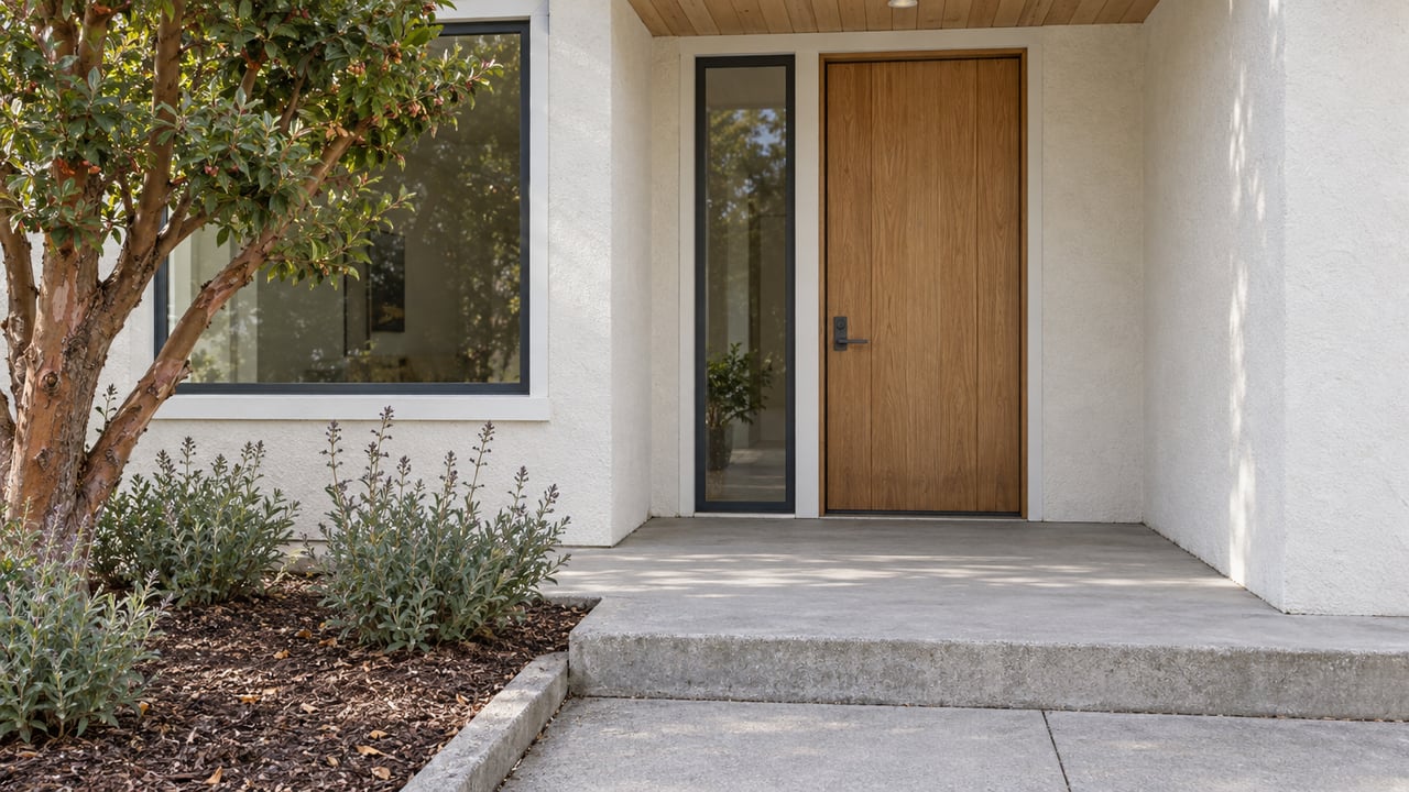 Close view of a sheltered oak front door beside charcoal-framed glazing, with a concrete porch and sculptural strawberry tree.